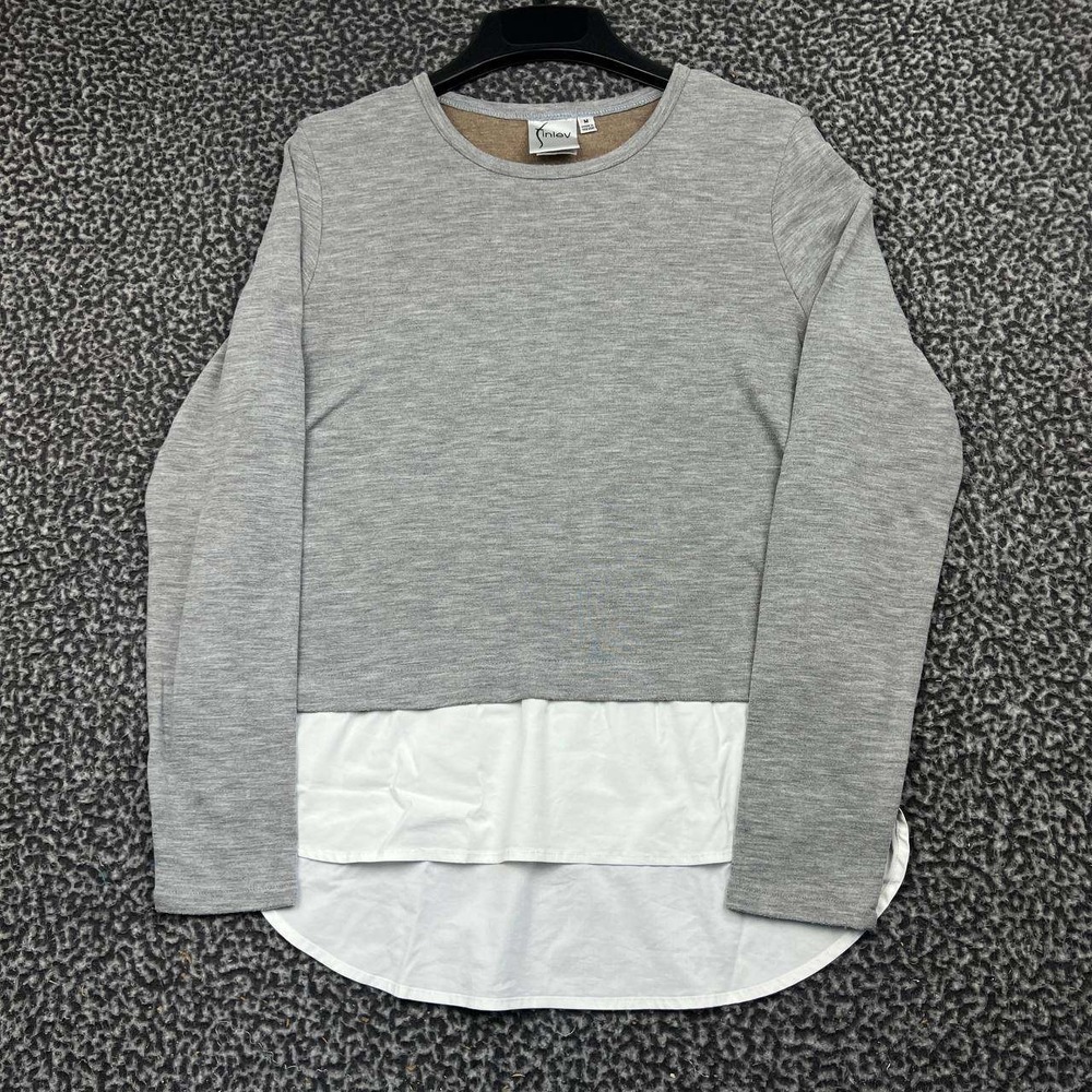 Finley Sabrina Blouse Women Medium Grey White Layered Look Knit Poplin Top M
